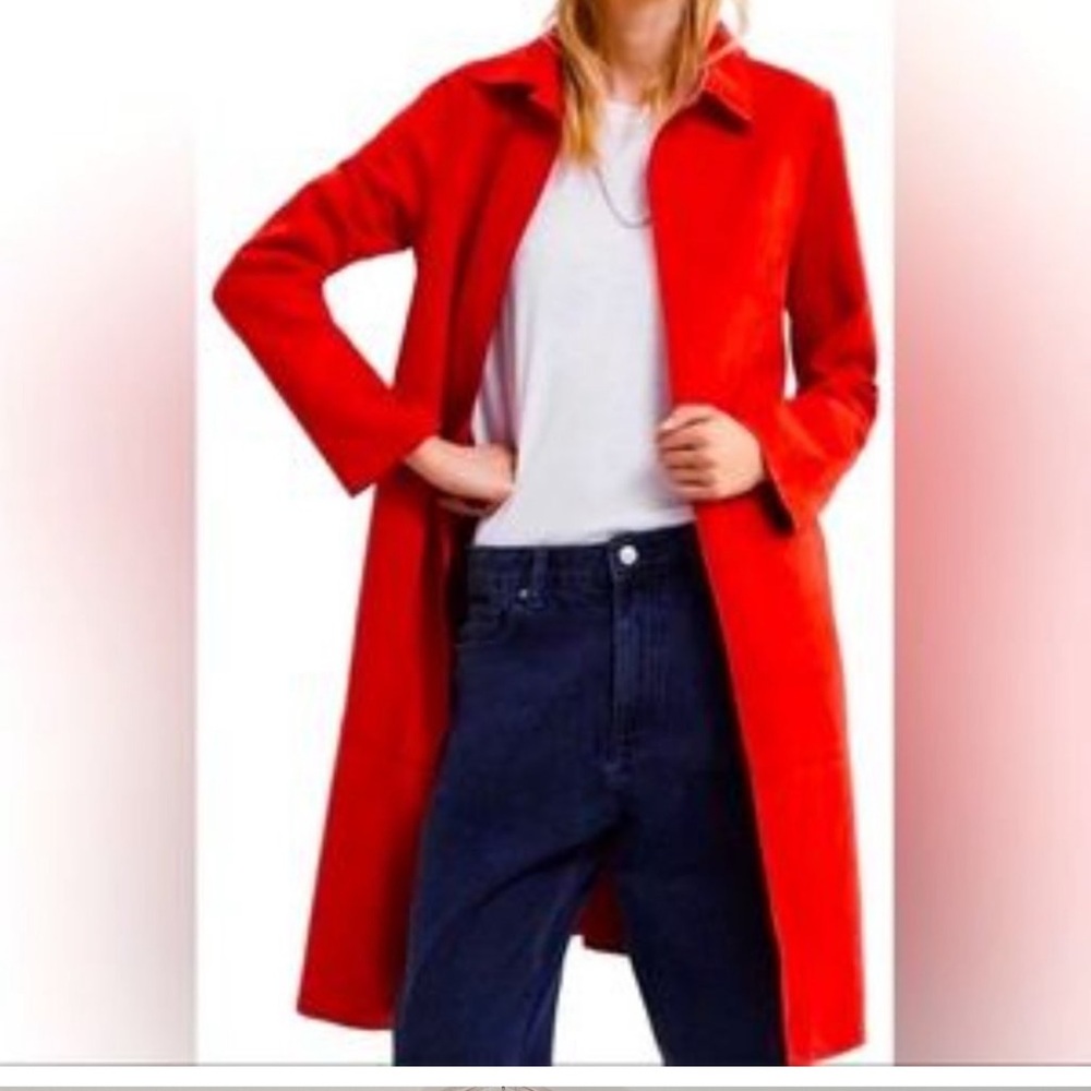 ZARA tomato red faux suede open front longline structured lightweight jacket